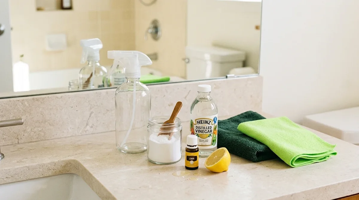 A candid, authentic lifestyle photograph of ingredients for making a DIY homemade toilet cleaner arranged neatly on a bright,