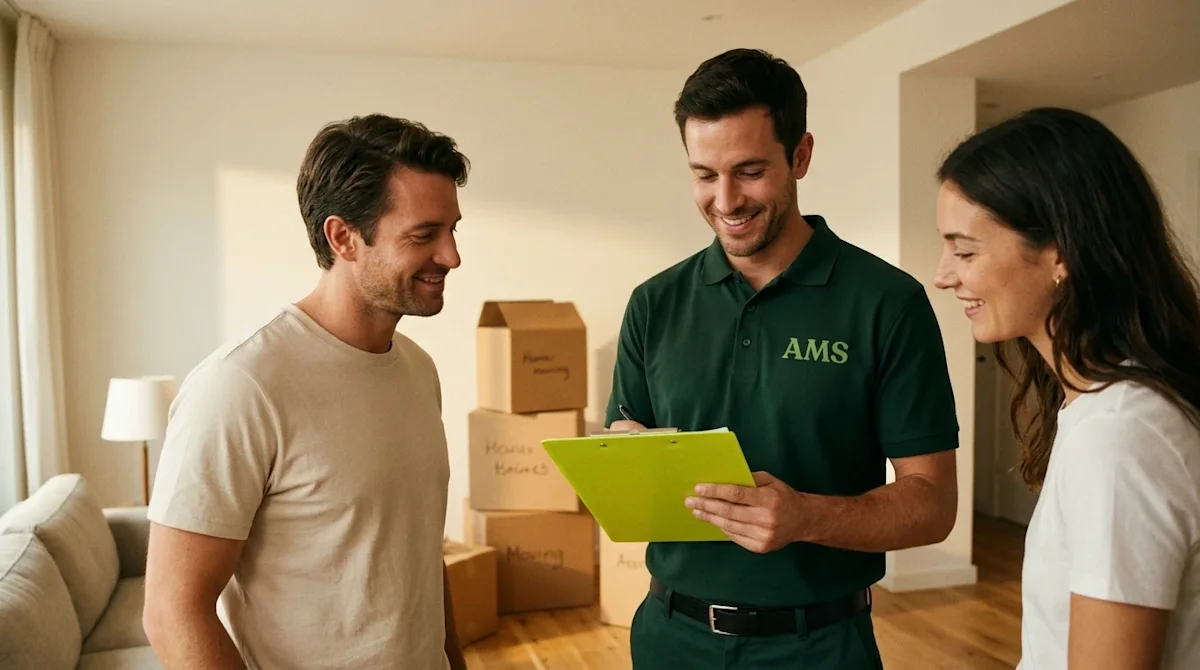 A candid lifestyle photograph of a friendly, professional mover wearing a dark hunter green uniform polo shirt, smiling and g