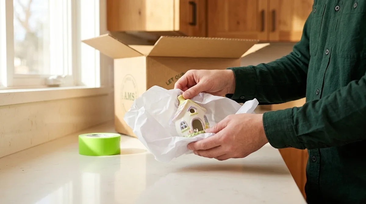 Professional lifestyle marketing photography of a bright, warm kitchen with natural wood and cream tones. Close-up on a perso