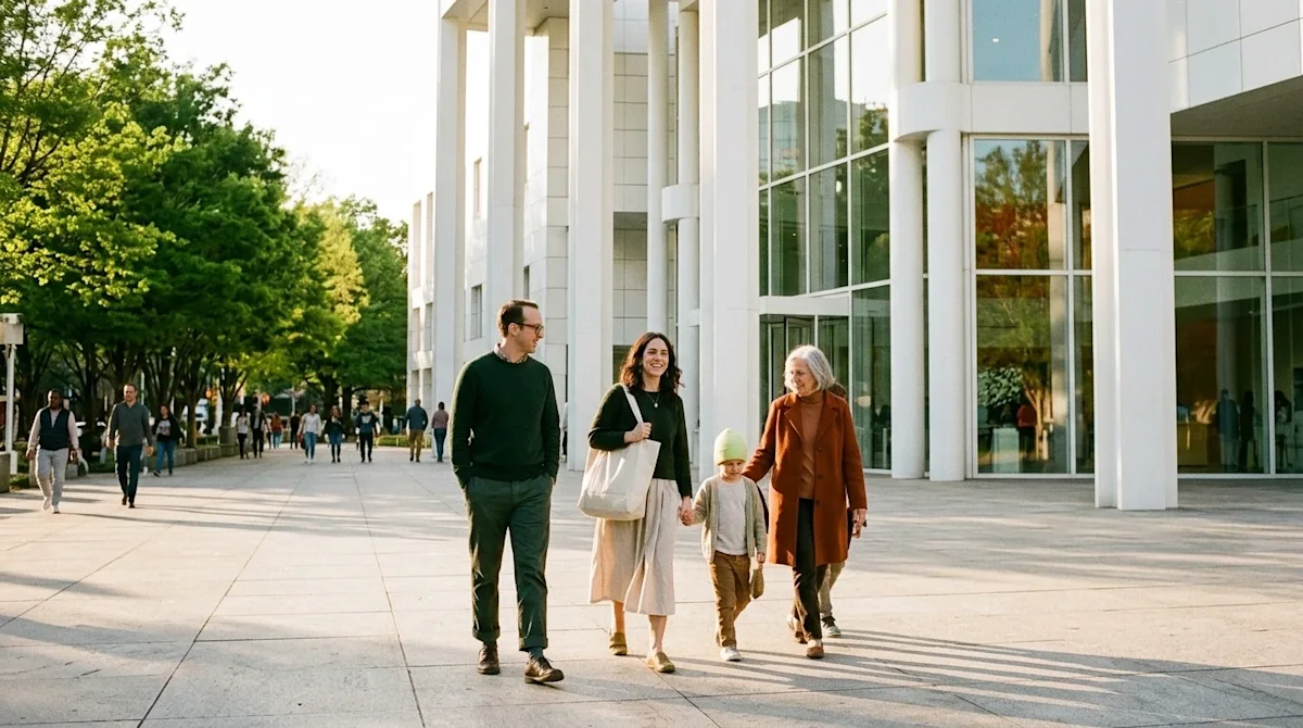 A candid, high-quality lifestyle photograph of a relaxed, happy family walking together across a sunlit plaza toward a grand,