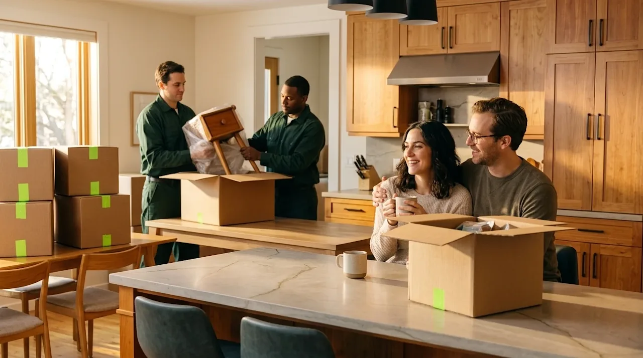 Professional marketing lifestyle photography of a stress-free full-service moving experience inside a warm, sunlit modern hom