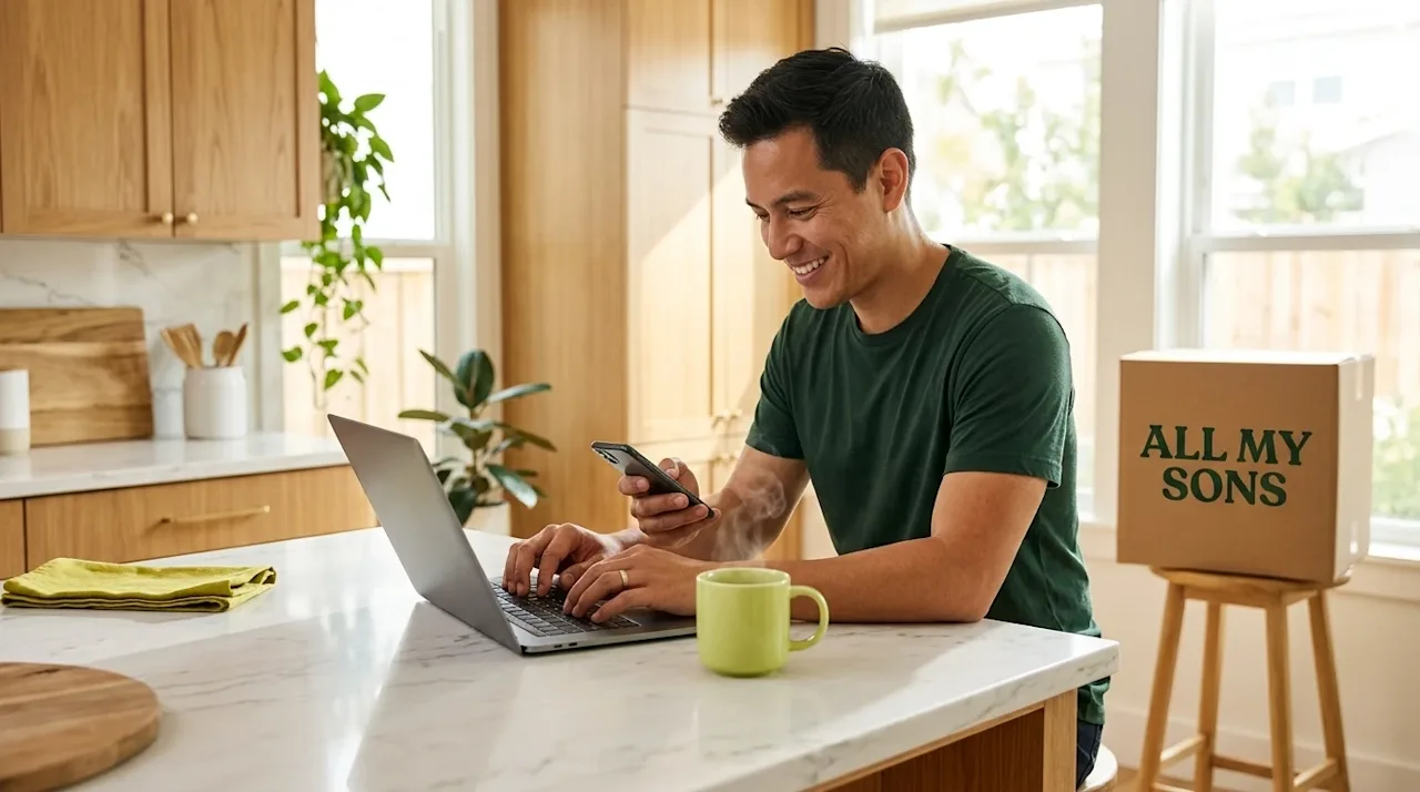 Clear, professional lifestyle photography of a person sitting at a bright, sunlit kitchen island in a welcoming home, using a