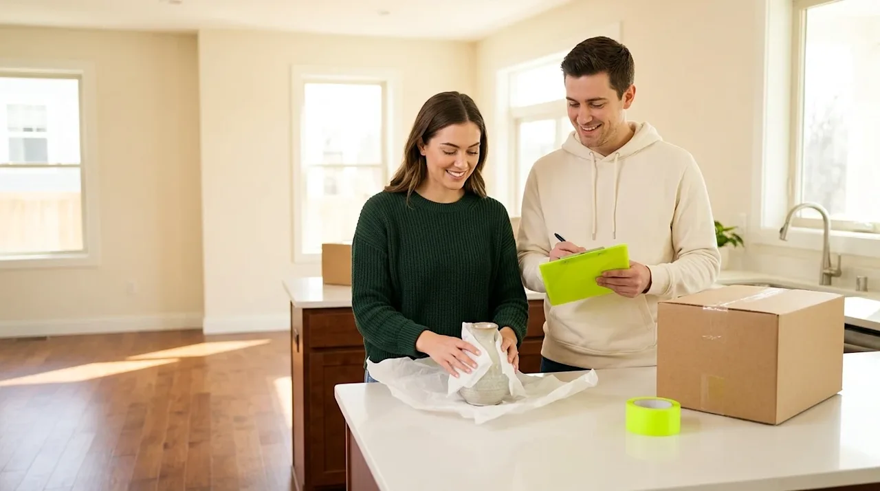 Professional marketing photography of a young couple happily preparing for their first move in a bright, sunlit modern home.
