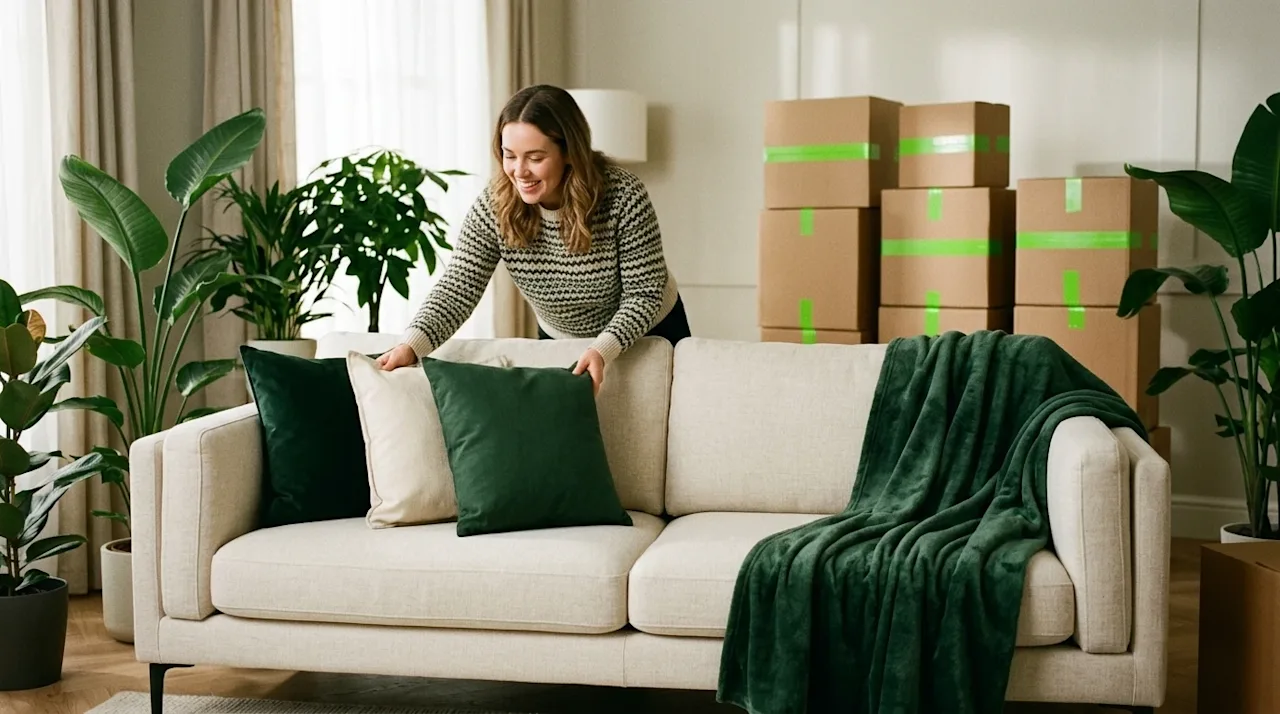 Candid lifestyle photography of a beautifully staged, modern living room, capturing the process of preparing a home for a mov