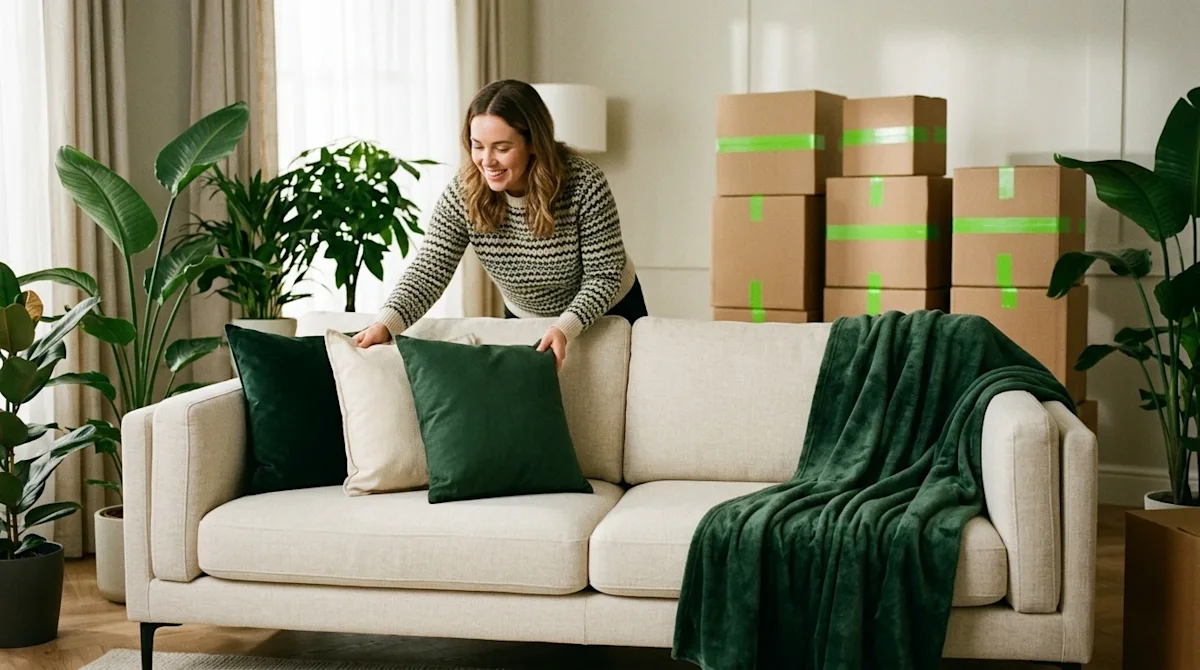 Candid lifestyle photography of a beautifully staged, modern living room, capturing the process of preparing a home for a mov