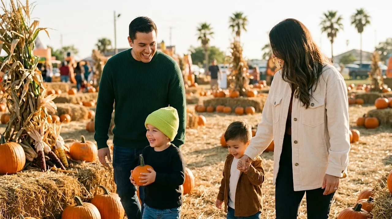 A candid, 35mm film-style lifestyle photograph of a happy family enjoying a sunny outdoor autumn festival in Corpus Christi,