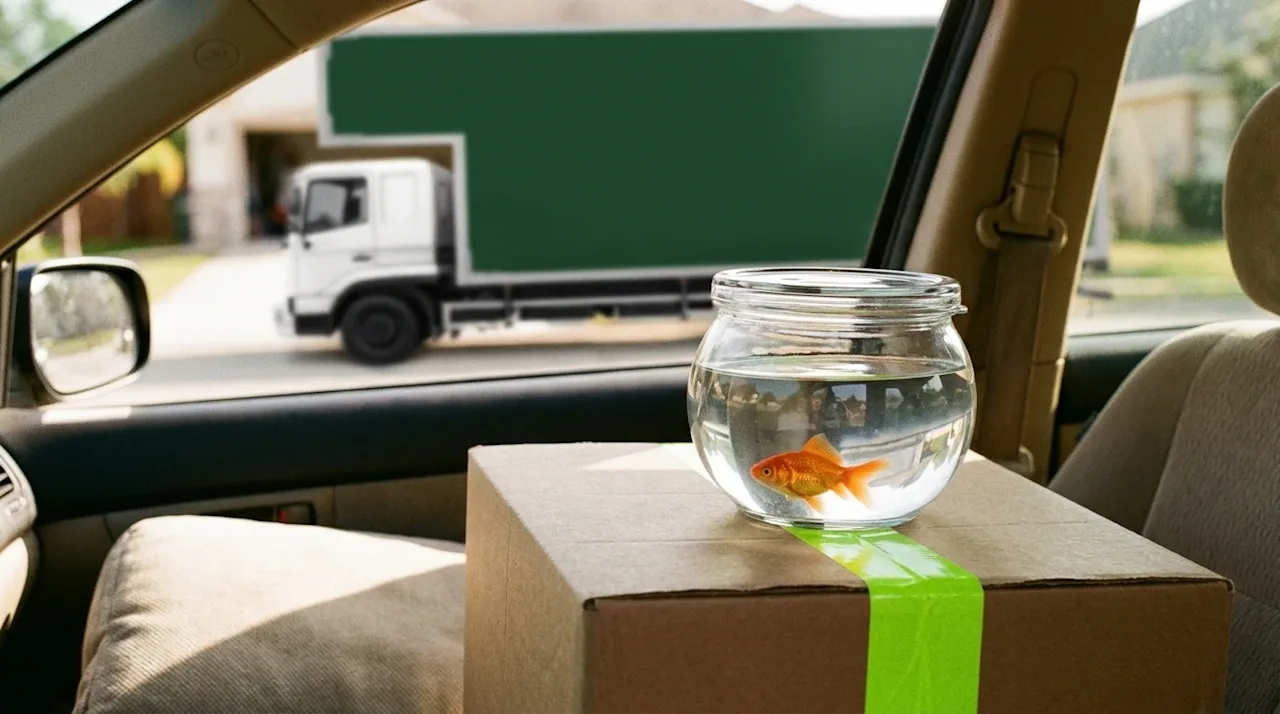A candid, warm lifestyle photograph shot on 35mm film of a bright orange goldfish inside a clear, secure glass travel bowl re
