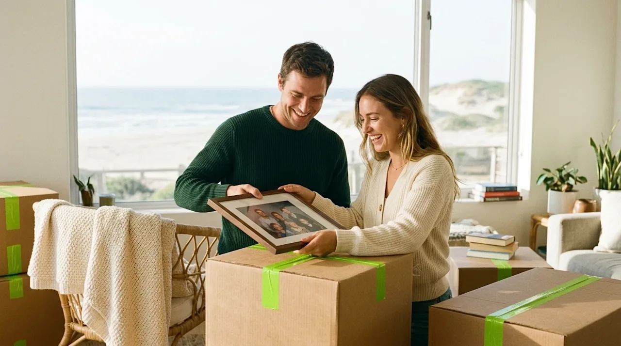 A candid, high-quality lifestyle photograph of a smiling couple excitedly unpacking cardboard moving boxes in the bright, sun
