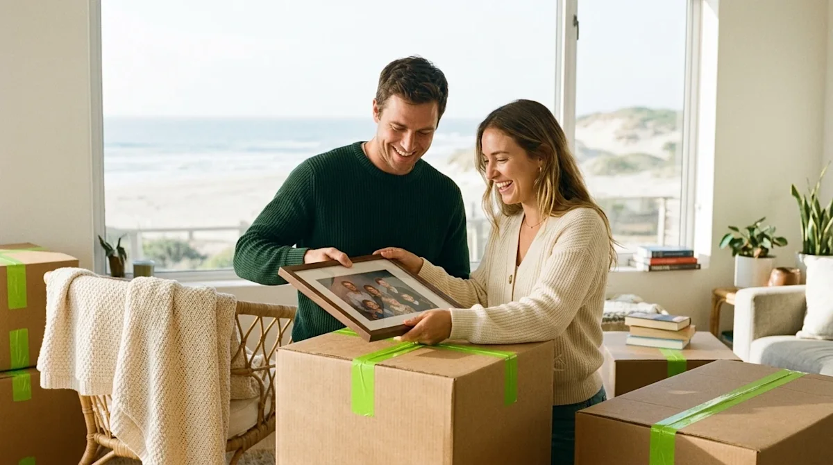A candid, high-quality lifestyle photograph of a smiling couple excitedly unpacking cardboard moving boxes in the bright, sun