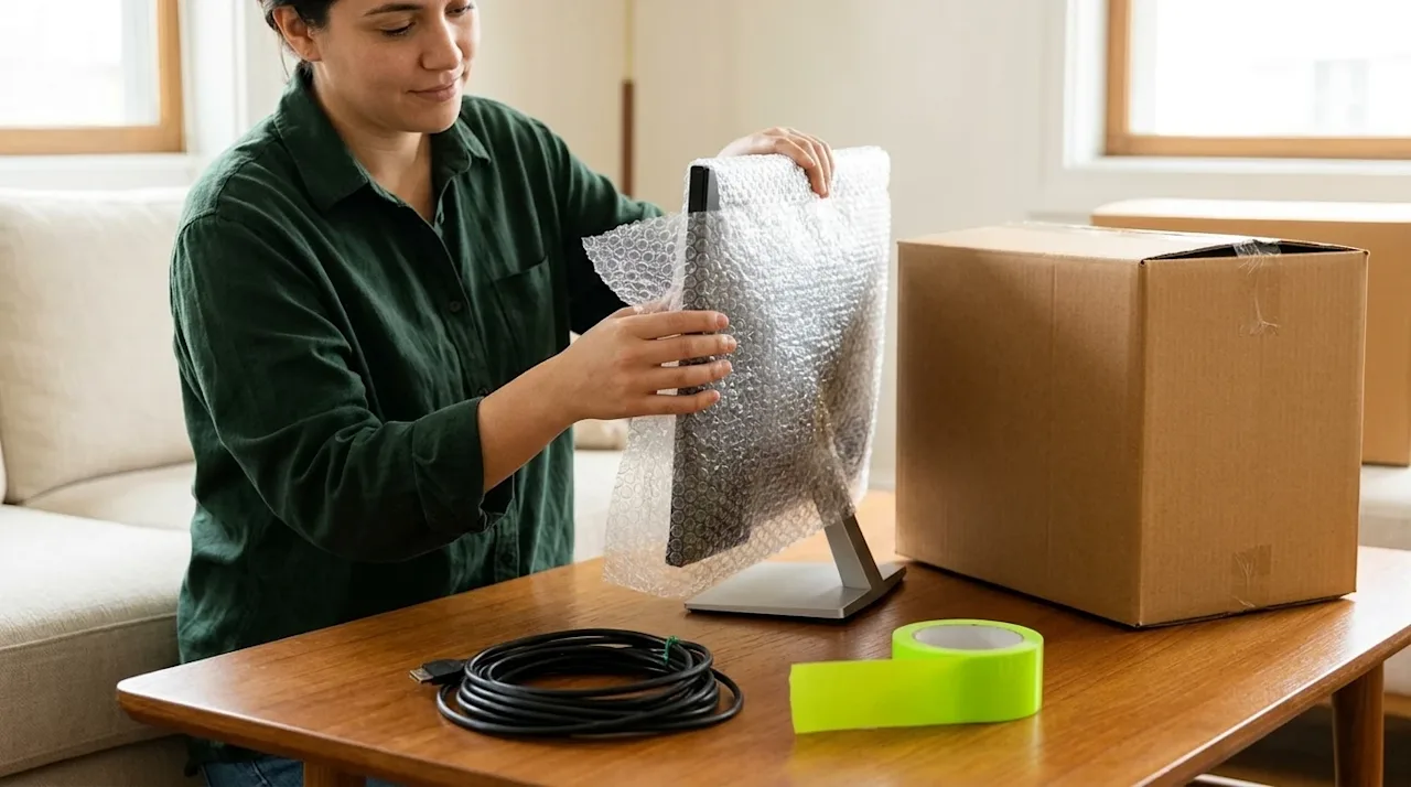 A realistic, candid lifestyle photograph of a person carefully packing technology items in a warmly lit living room, intended