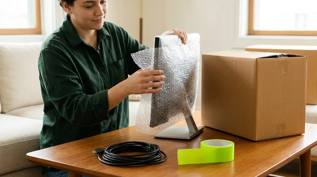 A realistic, candid lifestyle photograph of a person carefully packing technology items in a warmly lit living room, intended