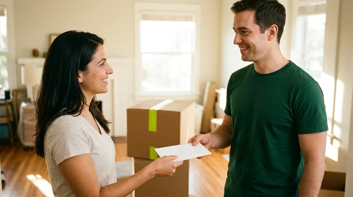 Authentic, candid 35mm photography, top of page hero image for a blog. A grateful homeowner smiling and handing a white tip e