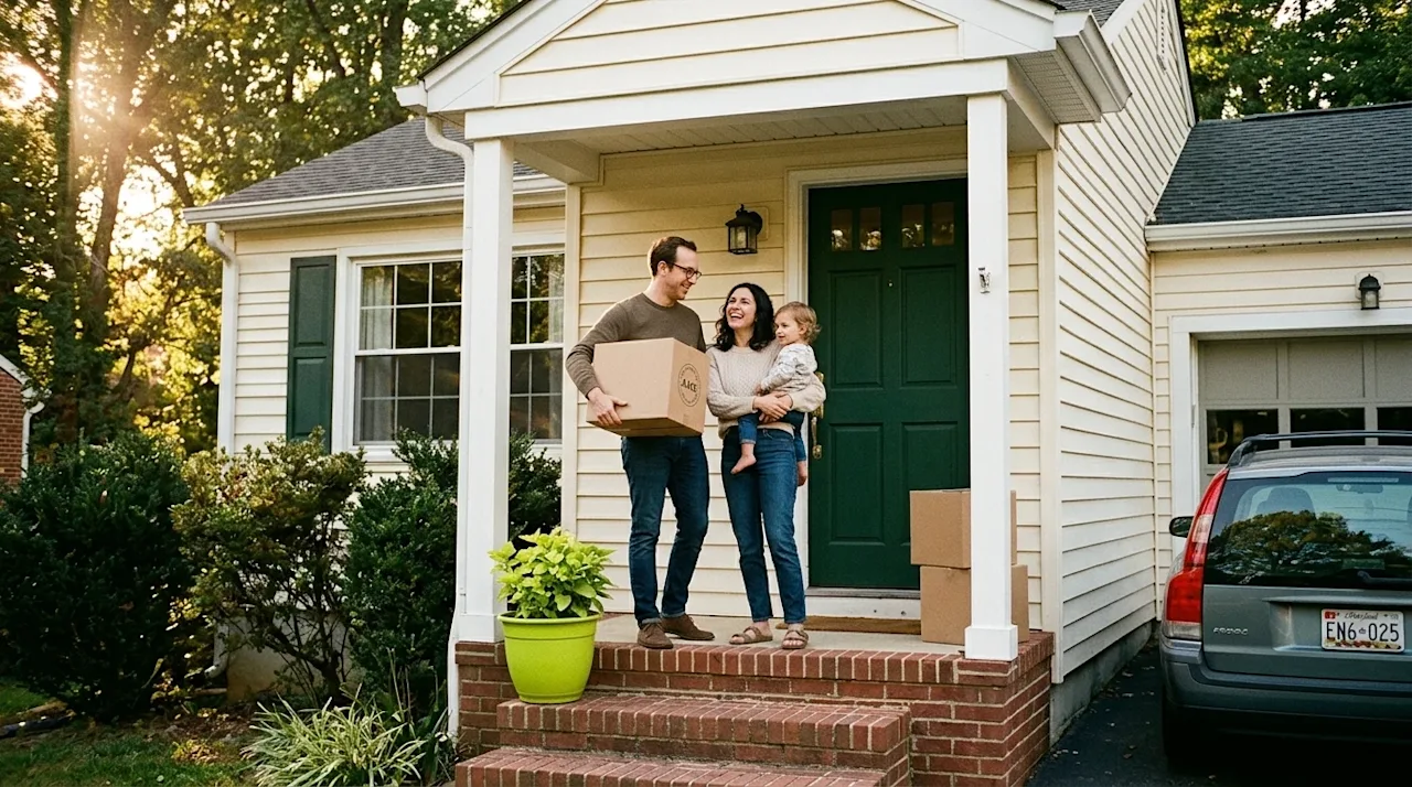 Candid 35mm film photography of a happy family arriving at their charming new suburban home in Laurel, Maryland. They are sta
