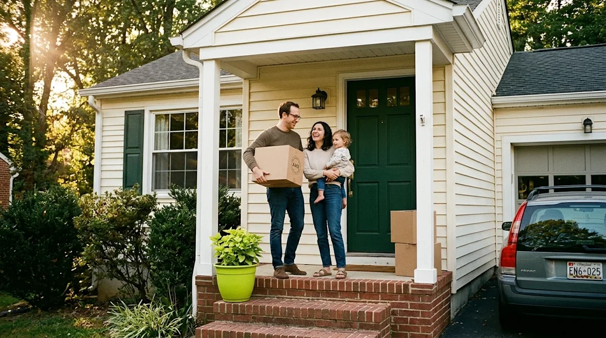 Candid 35mm film photography of a happy family arriving at their charming new suburban home in Laurel, Maryland. They are sta