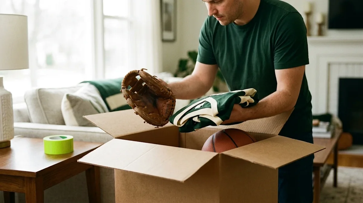 Candid, documentary-style photography of a person carefully packing prized sports memorabilia into a classic cardboard moving