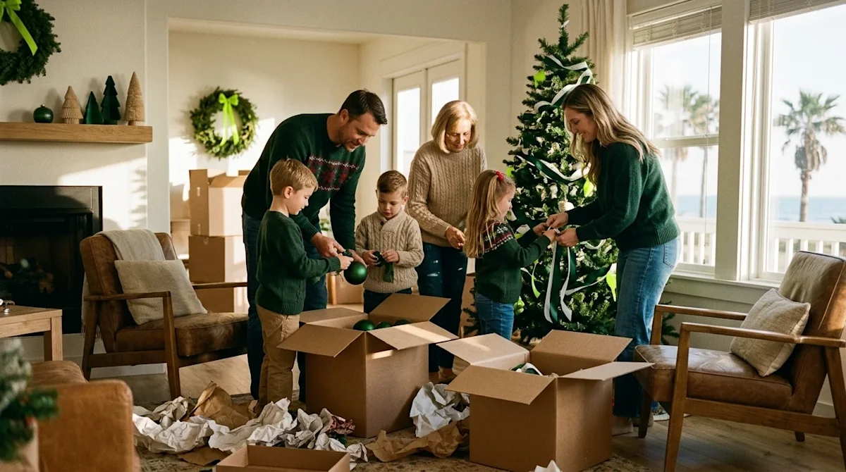 Candid lifestyle photography of a family unpacking Christmas decorations from brown cardboard moving boxes in a warm, invitin