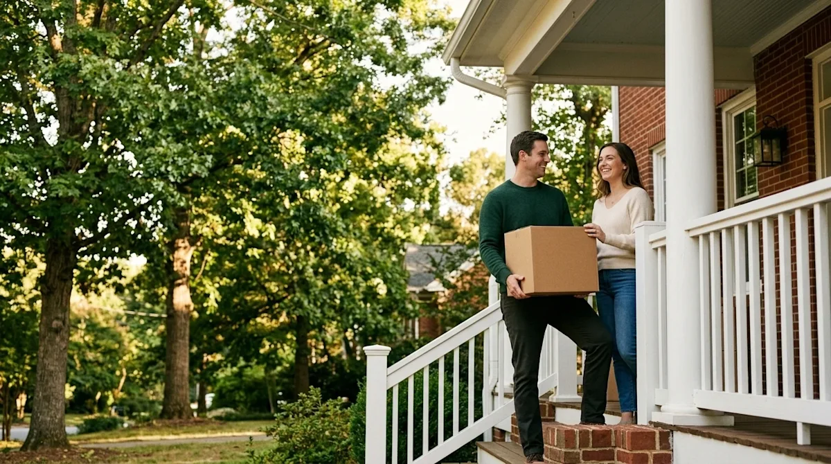 Professional lifestyle marketing photography, wide eye-level shot. A happy, relaxed couple stands on the front porch of a cha