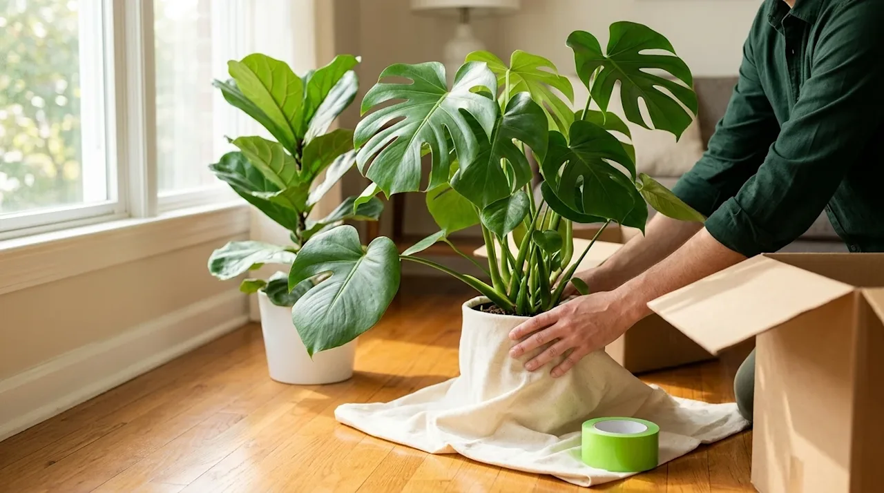 Professional marketing photography of lush, vibrant, healthy house plants being carefully prepped for a residential move. A t