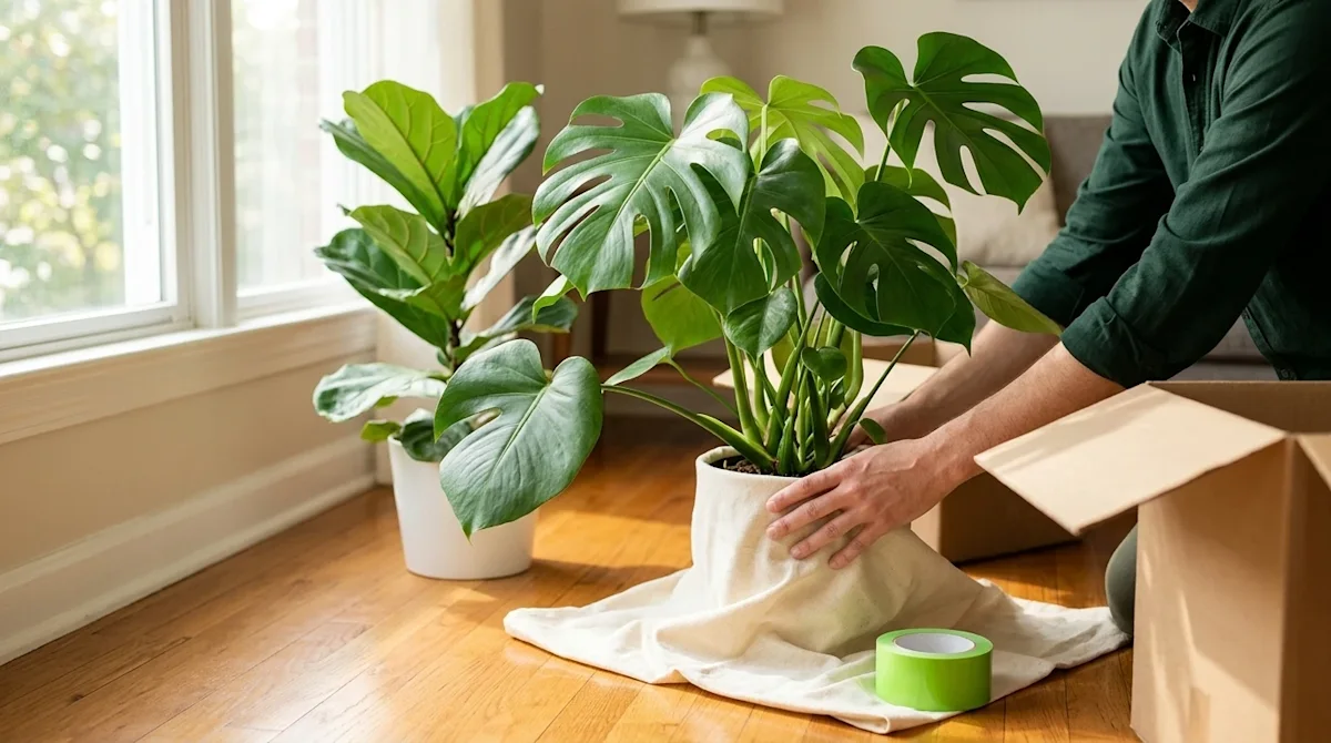 Professional marketing photography of lush, vibrant, healthy house plants being carefully prepped for a residential move. A t