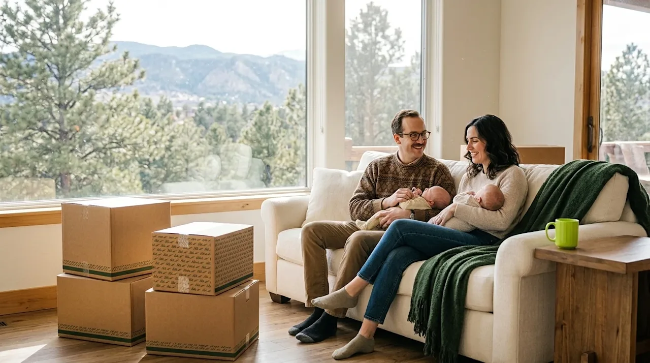 Professional lifestyle photography of a happy couple relaxing in their new, sunlit living room in Fort Collins.
