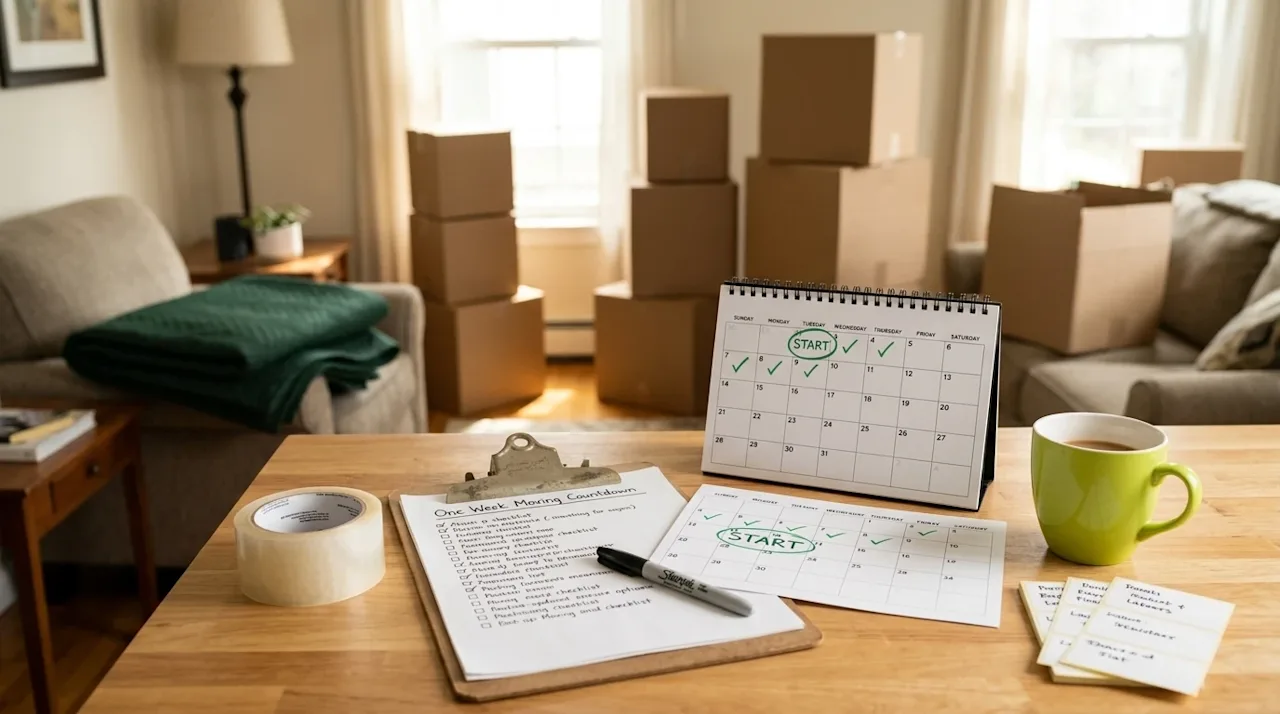 High-quality lifestyle photography of an organized, active home interior during moving preparation, perfectly capturing the e