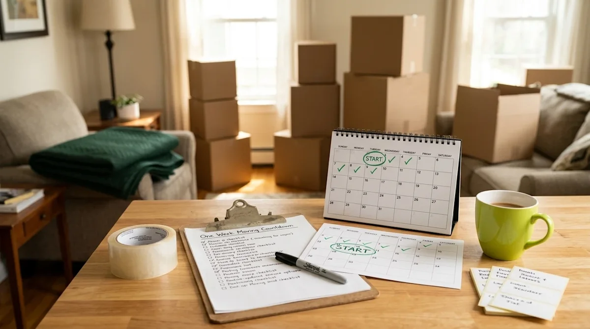 High-quality lifestyle photography of an organized, active home interior during moving preparation, perfectly capturing the e
