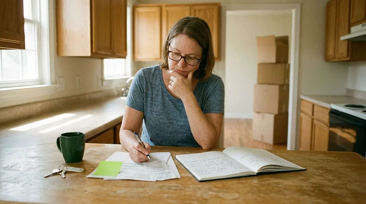 Candid, documentary-style lifestyle photograph of a thoughtful landlord reviewing paperwork, receipts, and a ledger at a wood