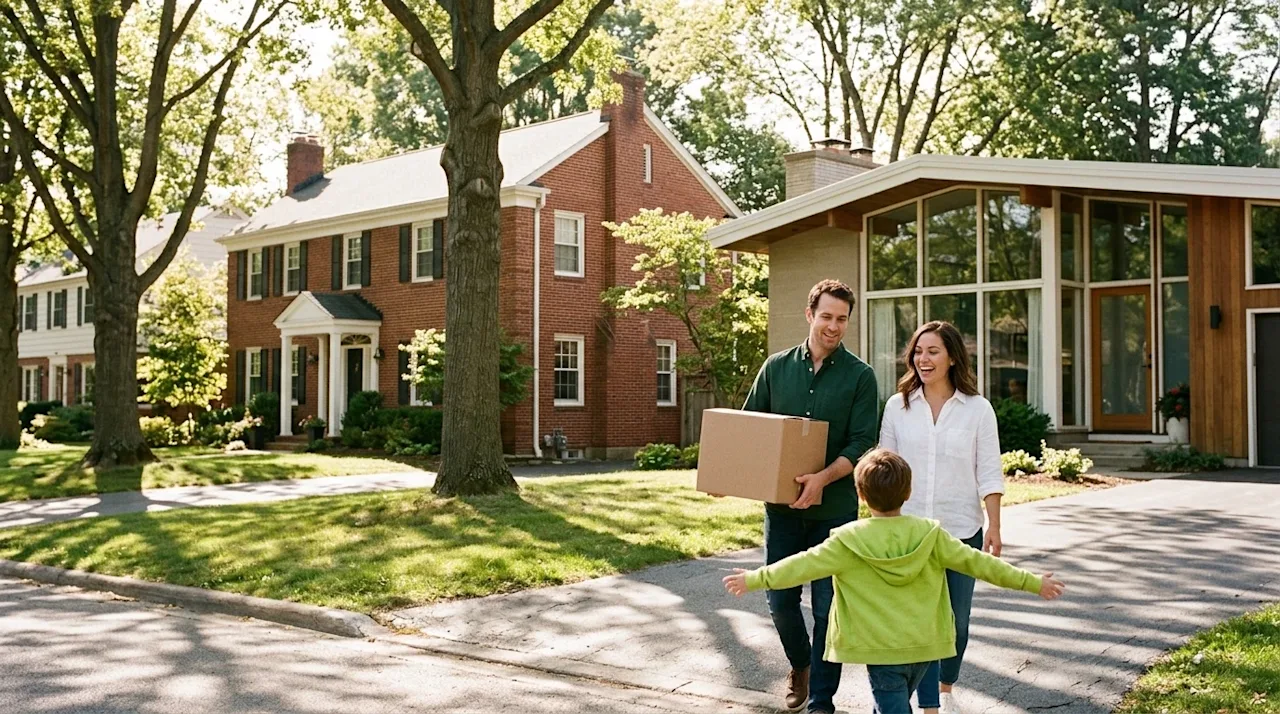 A candid, authentic 35mm film-style lifestyle photograph of a picturesque, tree-lined neighborhood street showcasing distinct