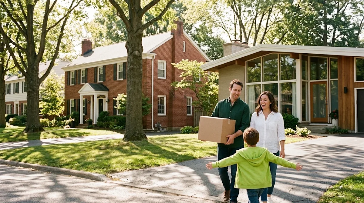 A candid, authentic 35mm film-style lifestyle photograph of a picturesque, tree-lined neighborhood street showcasing distinct