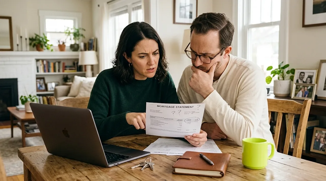 Professional marketing photography of a focused couple carefully reviewing a suspicious financial document together at a natu