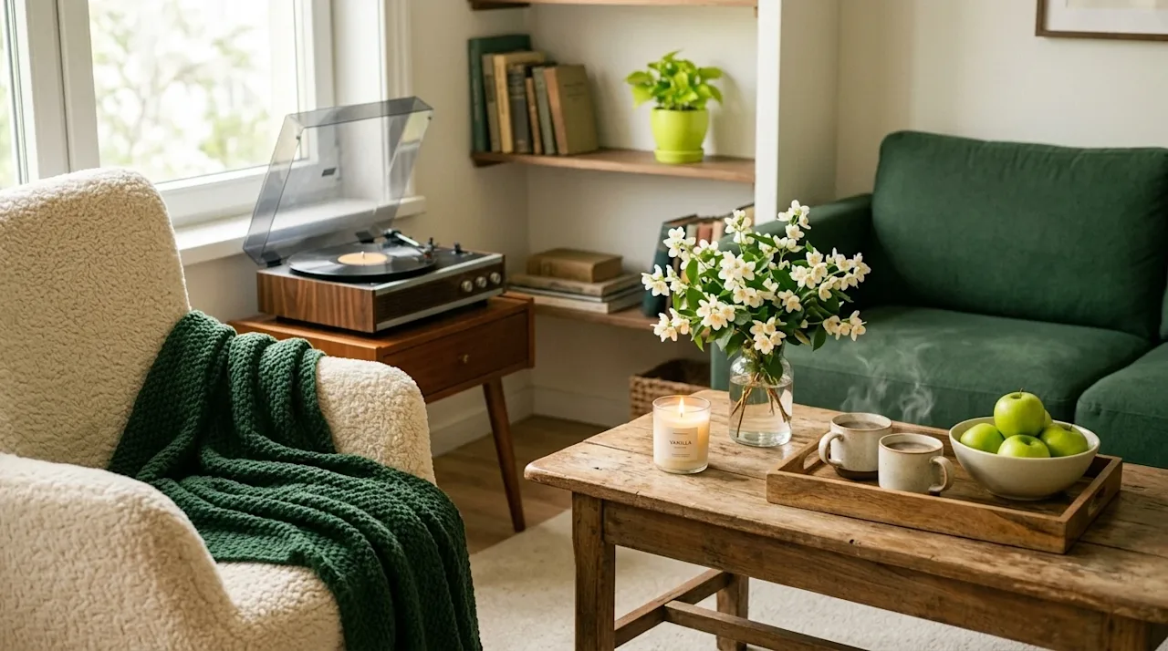 Cinematic lifestyle photography of a welcoming, newly staged home interior designed to appeal to all five senses. A sunlit, c