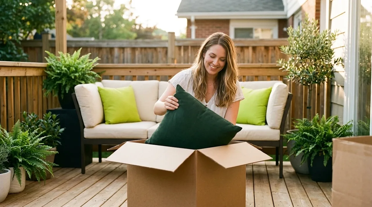 Authentic lifestyle photography of a person decorating their new outdoor patio space. A happy homeowner is casually unboxing