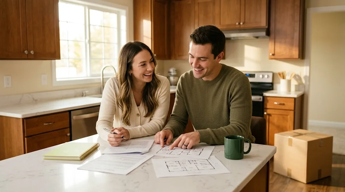 Professional marketing photography of an authentic, smiling young couple reviewing real estate documents and architectural fl