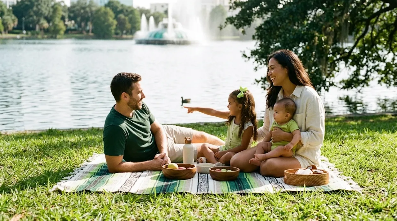 A warm, candid lifestyle photograph of a happy family relaxing by a beautiful, sunlit lake in Orlando, Florida, enjoying a pe