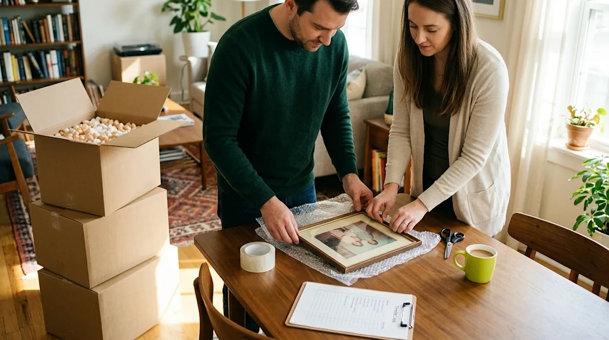 Candid documentary-style lifestyle photography of a couple in their living room preparing for an upcoming move. They are stan