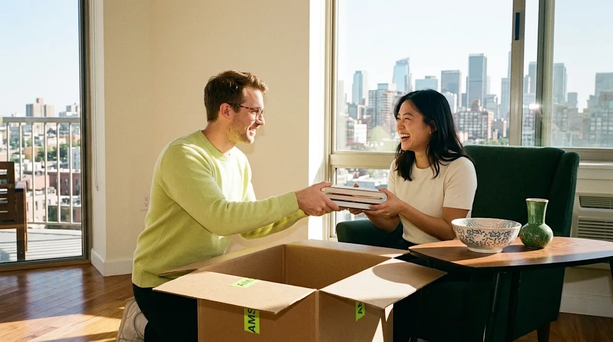 A warm, candid, documentary-style lifestyle photograph of a happy couple unpacking a classic brown cardboard moving box in a