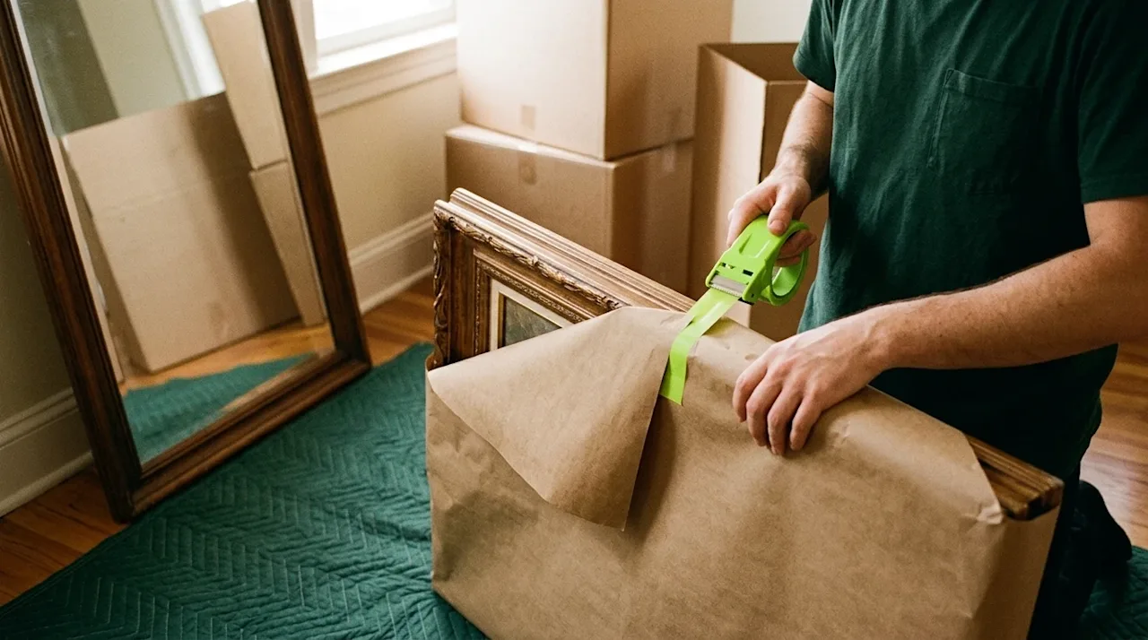 Candid lifestyle photography of a person carefully packing a large framed picture and a glass mirror in a warmly lit, invitin