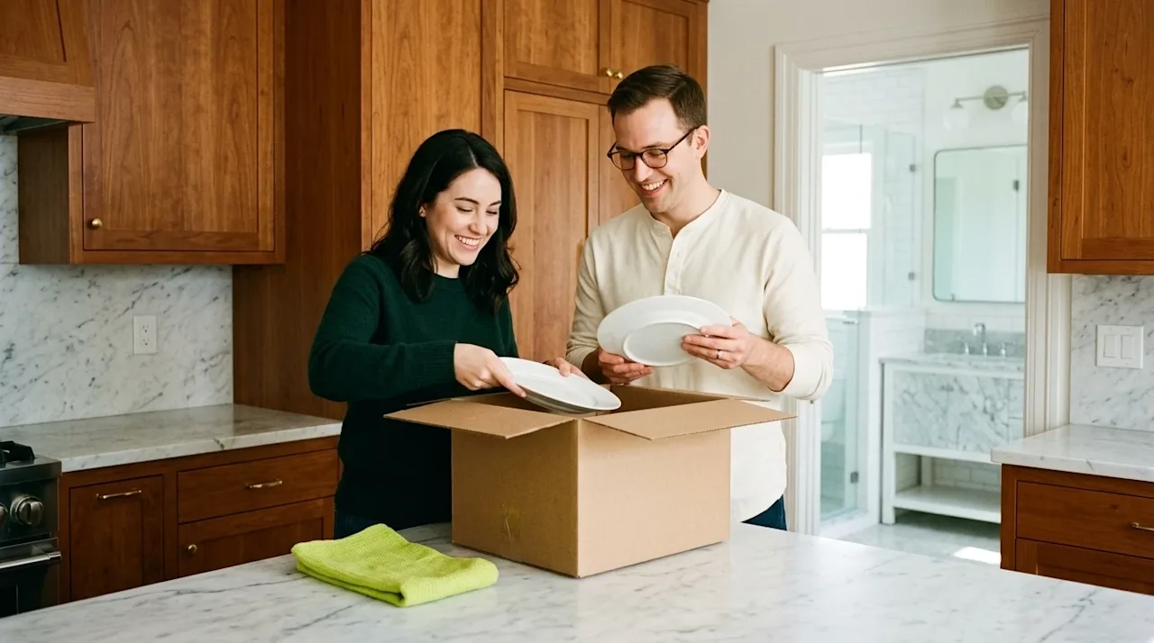 Professional marketing photography, a smiling couple in a beautifully updated kitchen with warm wood cabinetry and white marb