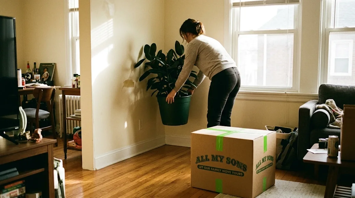 Candid 35mm film lifestyle photography of a person decorating a warmly lit living room, strategically placing a large, leafy