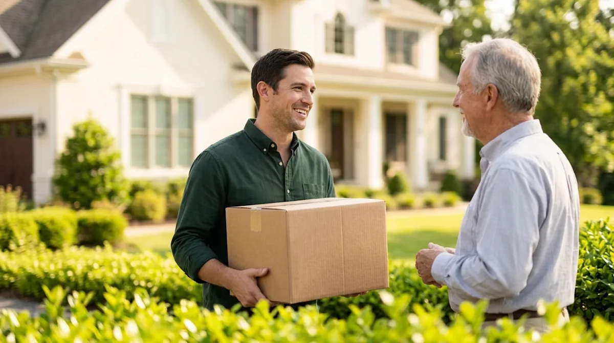 Professional marketing photography, authentic lifestyle shot illustrating the concept of "Home Value Neighbors." A friendly a