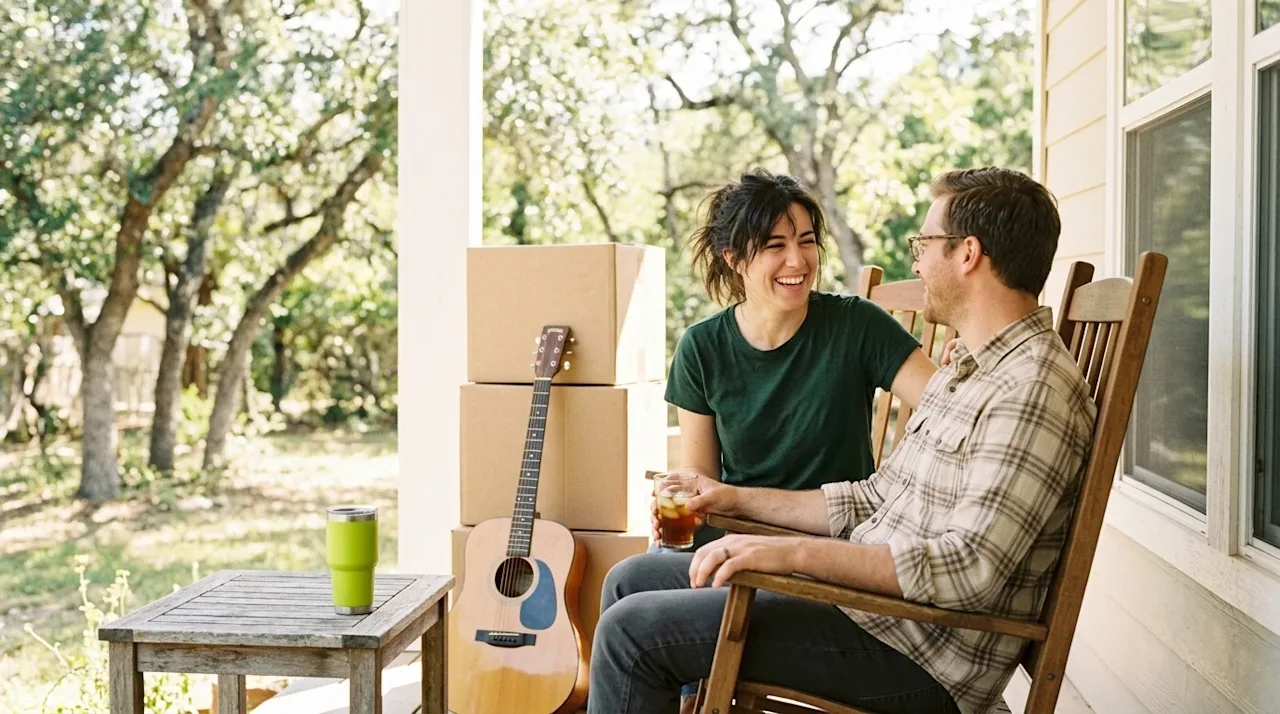 A candid, warm lifestyle photograph shot on 35mm film, perfect for a blog hero image. A happy couple is taking a break from u