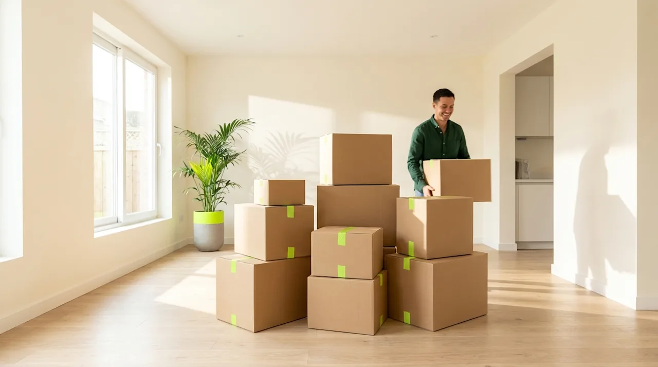 Man in a green shirt arranging cardboard moving boxes in a bright, sunlit living room with lime green accents.