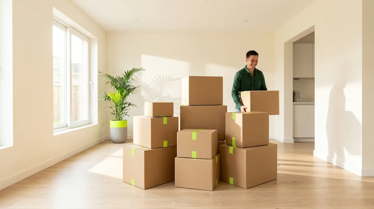 Man in a green shirt arranging cardboard moving boxes in a bright, sunlit living room with lime green accents.