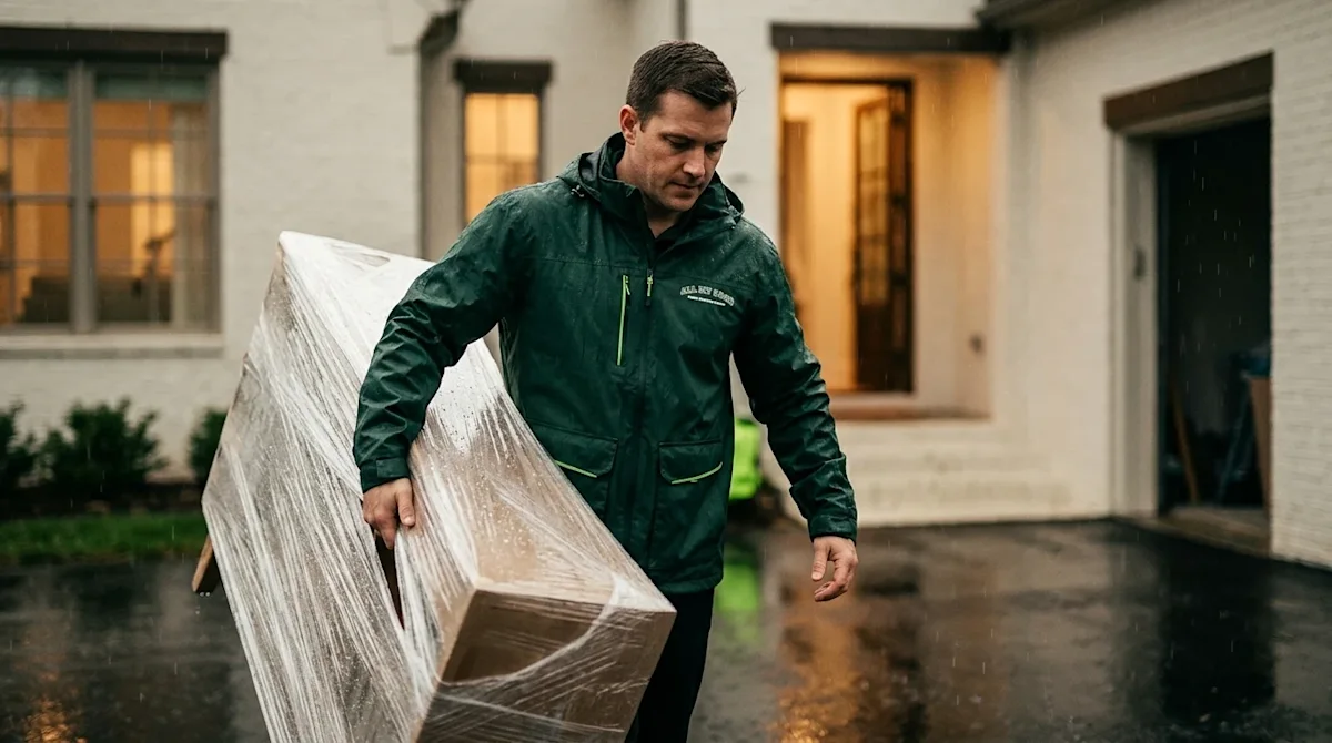Professional marketing photography of a mover working carefully in the rain, serving as a blog hero image. A professional mov