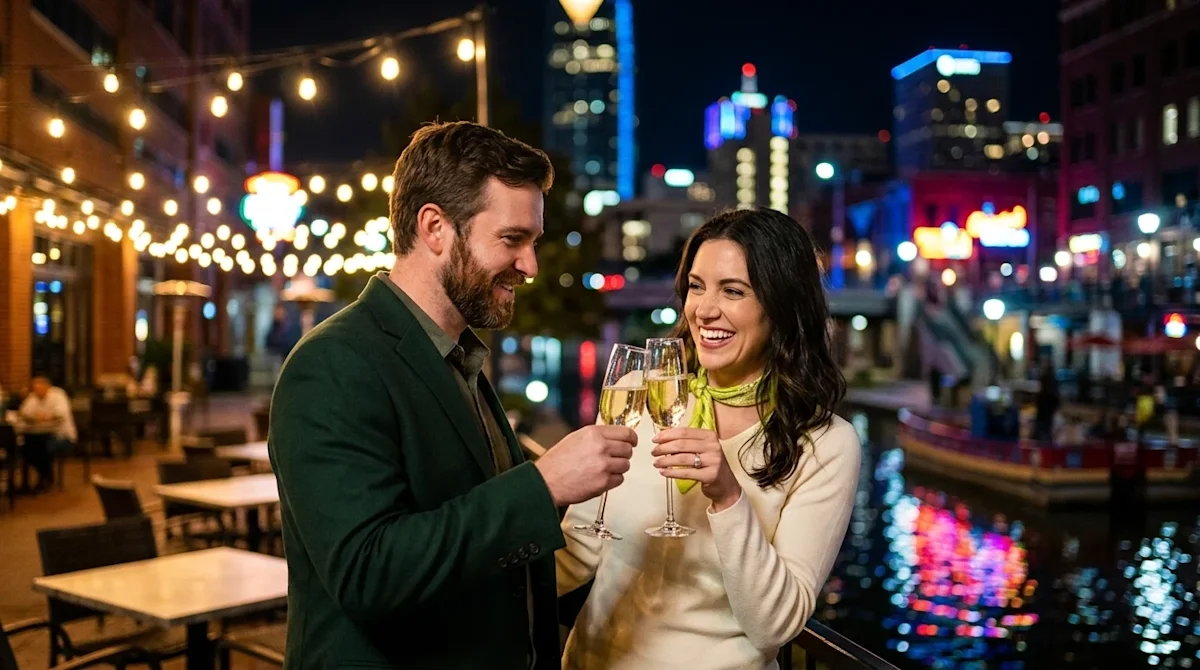 Professional marketing photography of a happy, relaxed couple enjoying a vibrant evening out in downtown Oklahoma City, celeb
