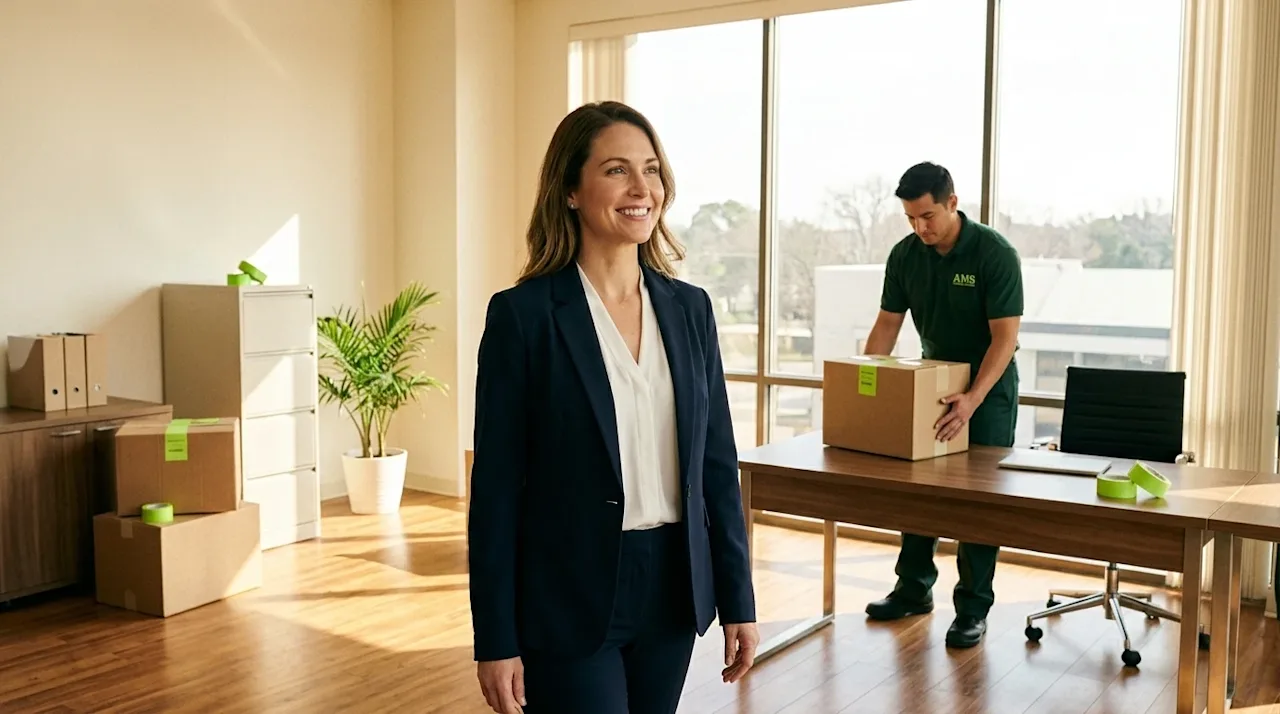 Professional marketing photography of a smooth business relocation. A bright, modern commercial office space bathed in warm,