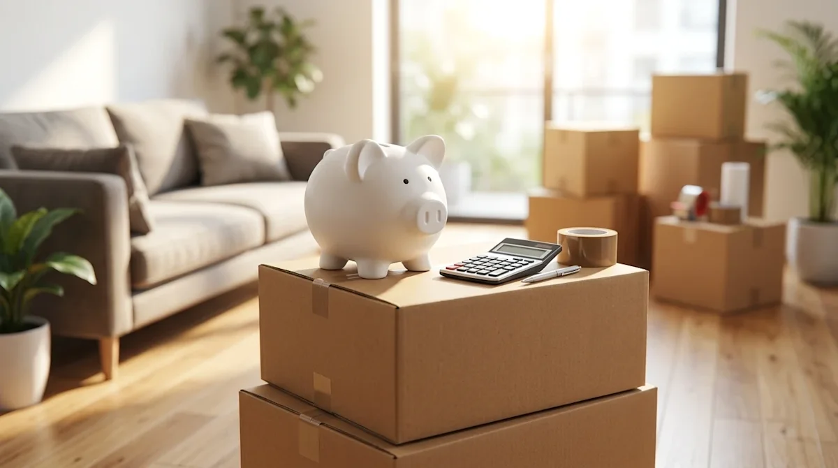 Professional photography of a smooth ceramic piggy bank resting on a stack of sturdy cardboard moving boxes in a bright, mode