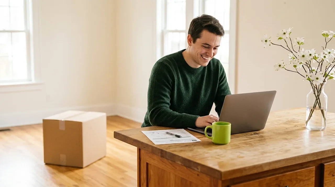 Professional lifestyle marketing photography of a smiling person sitting at a natural wood kitchen island, using a laptop and