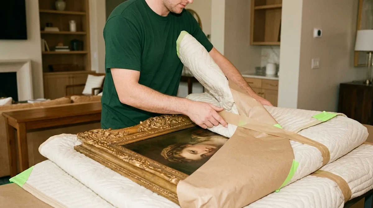 Documentary-style candid photography of professional movers carefully packing an expensive, ornate gold-framed antique painti