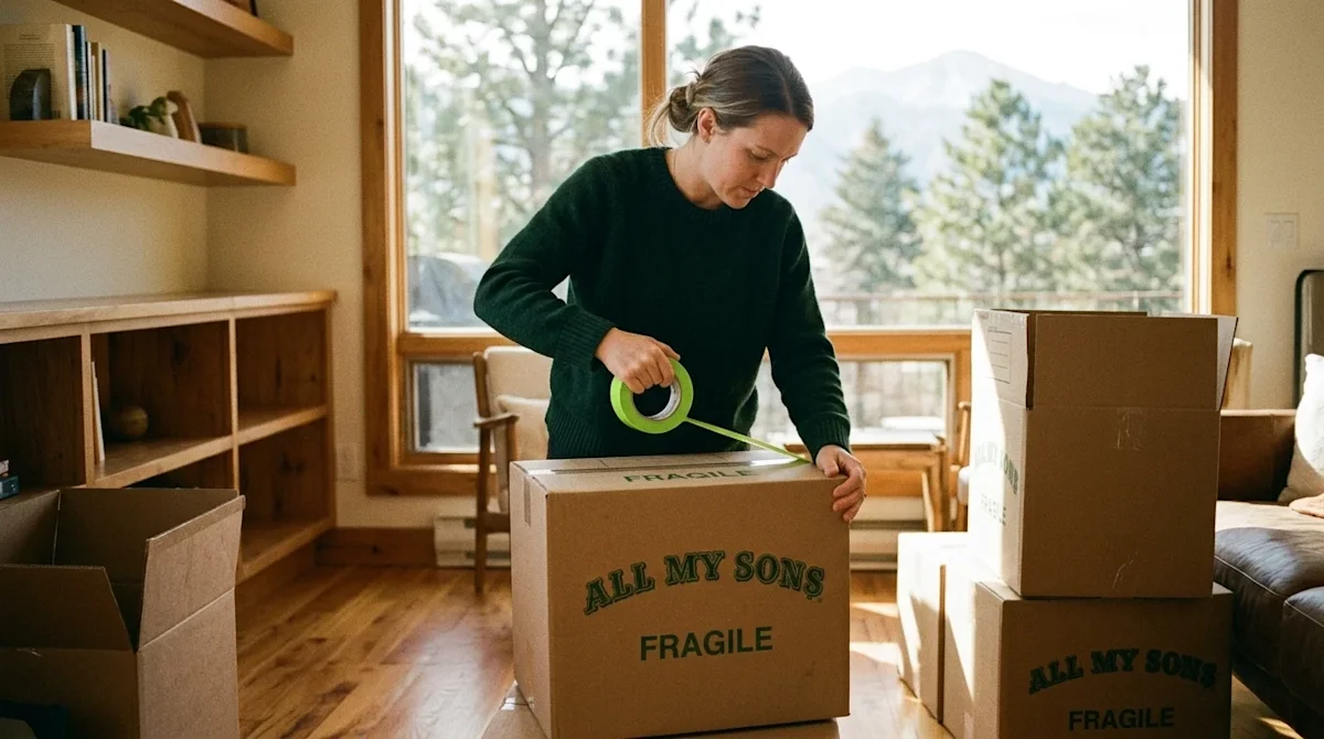 Candid 35mm film photography of a person carefully packing items into sturdy kraft brown moving boxes inside a cozy, sunlit D